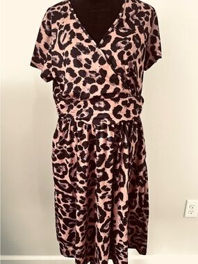 NWT Ouges Women XL Leopard Animal Print Midi Wrap Dress Short Sleeve Summer Boho